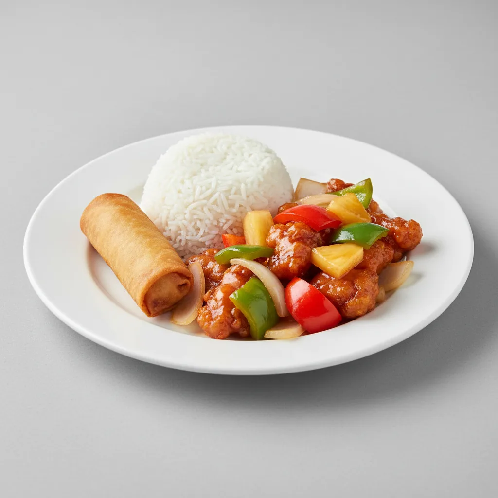 Sweet and Sour Pork with Steamed Rice and Egg Roll Sweet and Sour Pork with Steamed Rice and Egg Roll