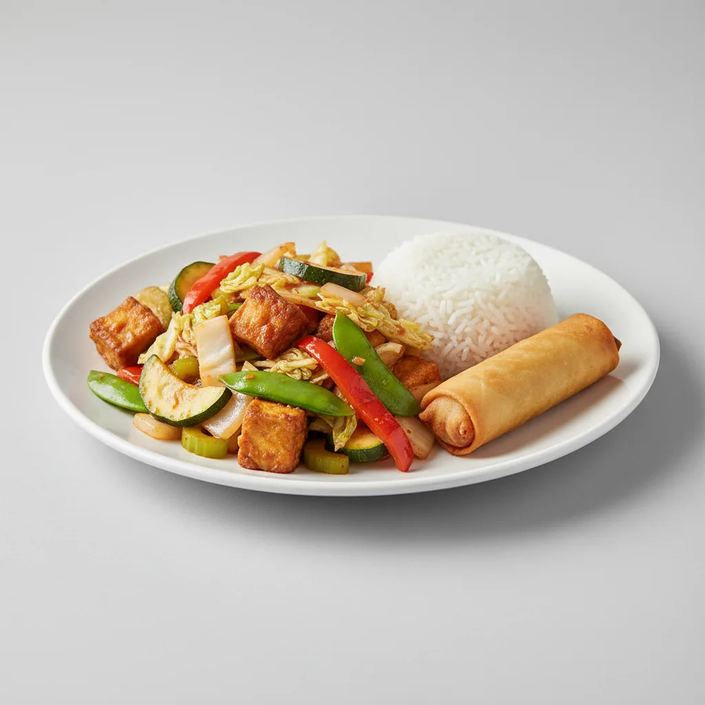 Szechuan Tofu with Steamed Rice and Egg Roll Szechuan Tofu with Steamed Rice and Egg Roll