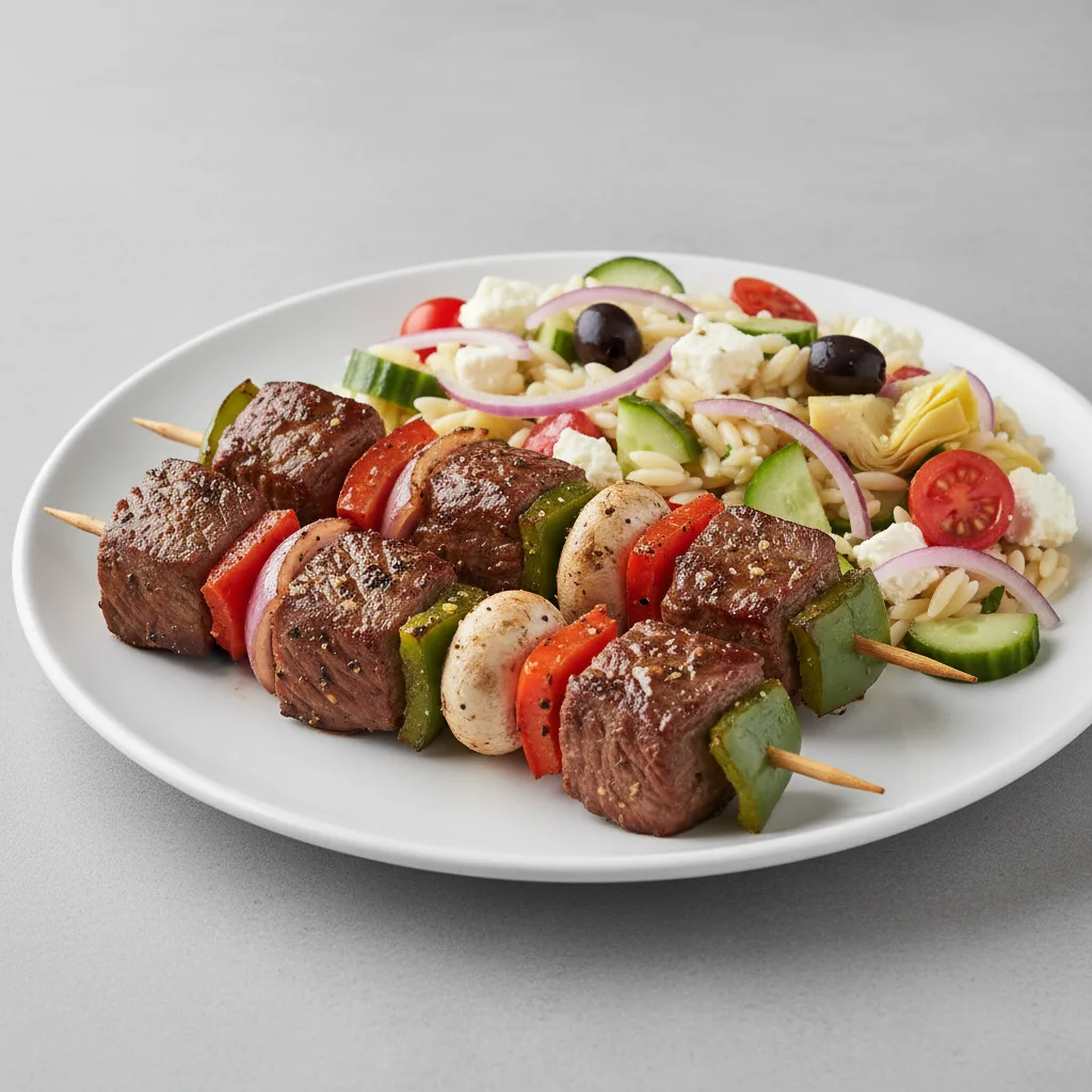 Beef Kabob with Greek Orzo Salad Beef Kabob with Greek Orzo Salad