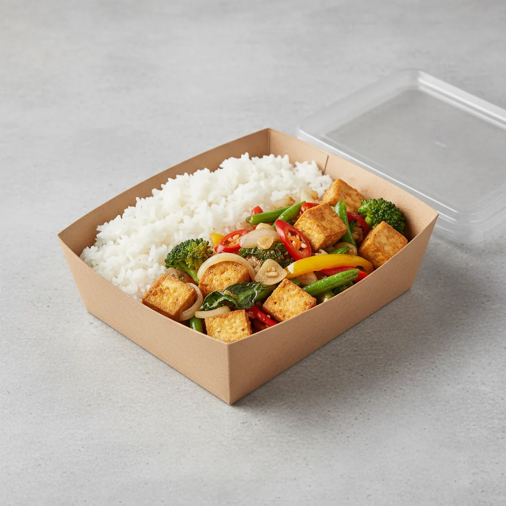 VEGAN - Spicy Basil with Fried Tofu with White Rice Boxed Meal VEGAN - Spicy Basil with Fried Tofu with White Rice Boxed Meal