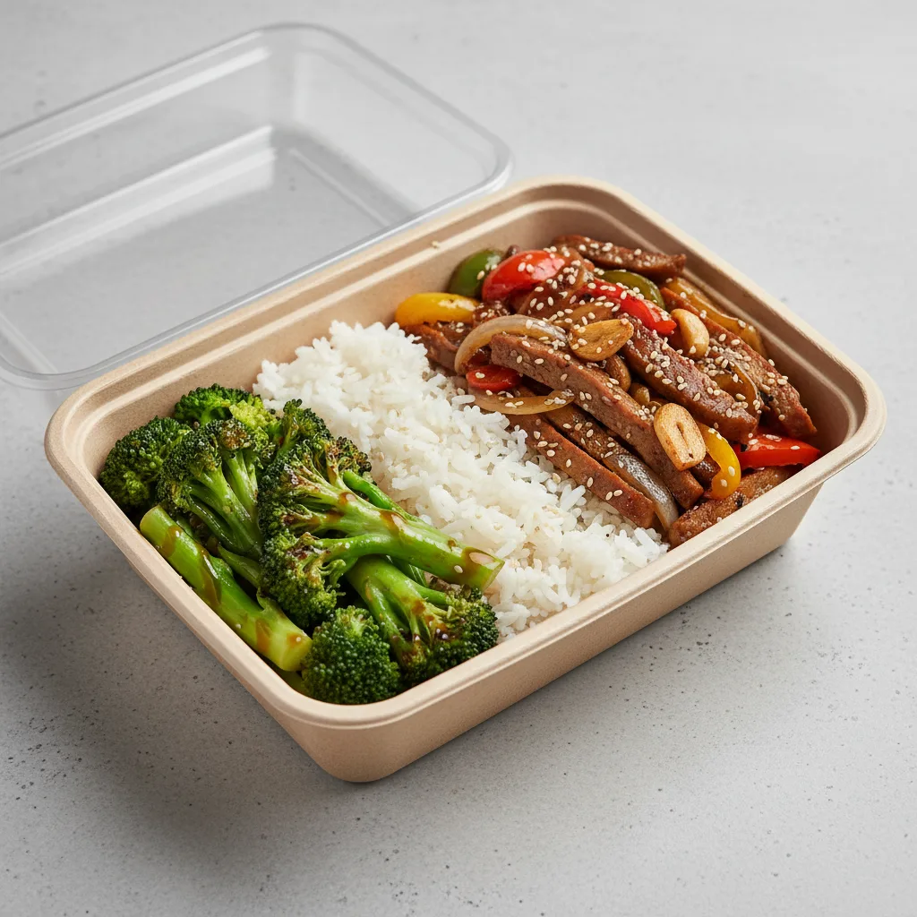 Vegan Pepper Steak, Gluten-Free Sauteed Broccoli, Rice Box Vegan Pepper Steak, Gluten-Free Sauteed Broccoli, Rice Box