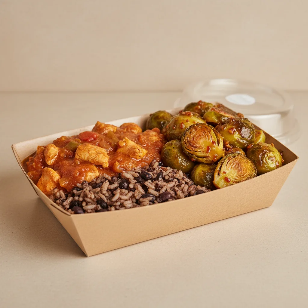 Bone-In Chicken Creole, Honey Chili Brussel Sprouts and Vegan Dirty Rice Box Bone-In Chicken Creole, Honey Chili Brussel Sprouts and Vegan Dirty Rice Box