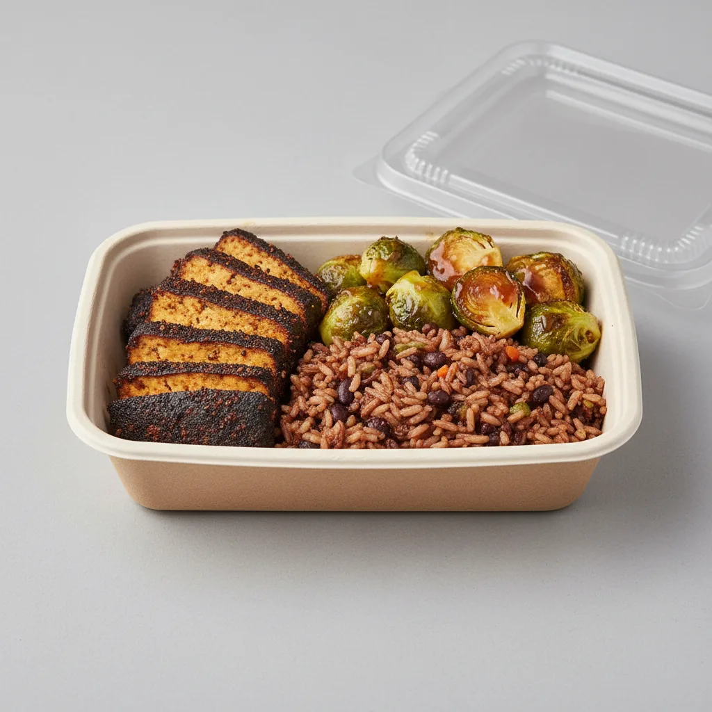 Blackened Tofu, Honey Chili Brussels Sprouts and Vegan Dirty Rice Box Blackened Tofu, Honey Chili Brussels Sprouts and Vegan Dirty Rice Box
