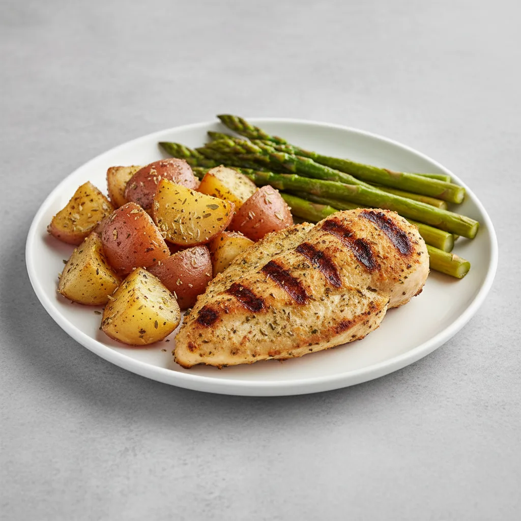 Chicken Santorini, Red Potatoes with Greek Spices and Roasted Asparagus Chicken Santorini, Red Potatoes with Greek Spices and Roasted Asparagus