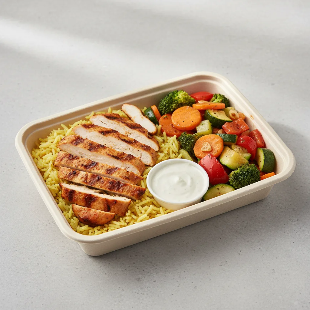 Chicken Shawarma with Rice and Sauteed Veggies (Thoum Sauce) Chicken Shawarma with Rice and Sauteed Veggies (Thoum Sauce)