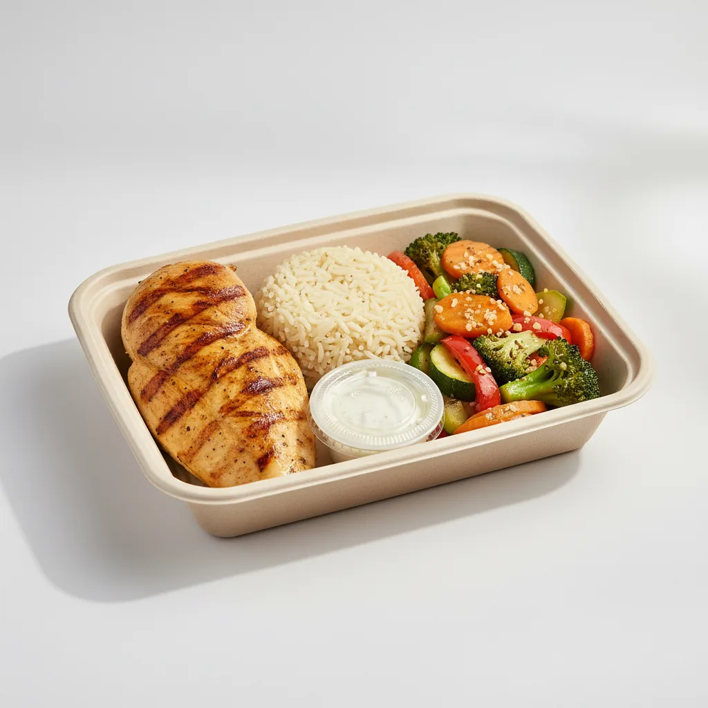 Grilled Chicken Breast with Rice and Sauteed Veggies (Thoum Sauce) Grilled Chicken Breast with Rice and Sauteed Veggies (Thoum Sauce)