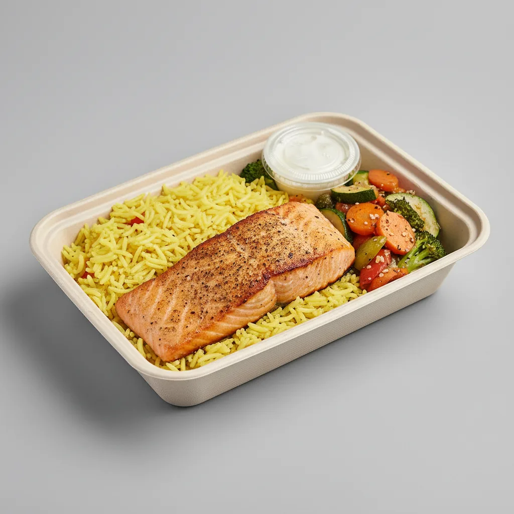 Grilled Salmon with Rice and Sauteed Veggies (Thoum Sauce) Grilled Salmon with Rice and Sauteed Veggies (Thoum Sauce)