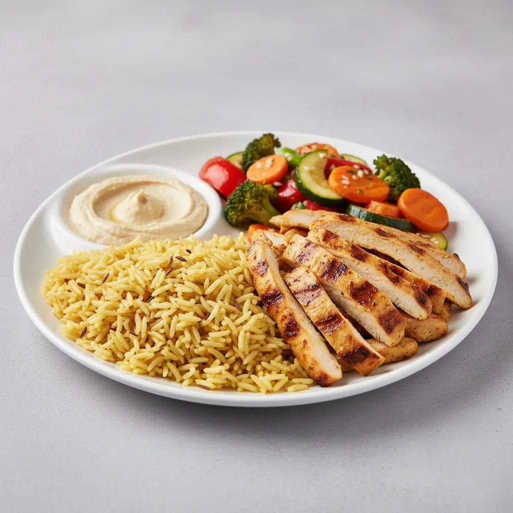 Chicken Shawarma with Rice and Sauteed Veggies (Hummus) Chicken Shawarma with Rice and Sauteed Veggies (Hummus)