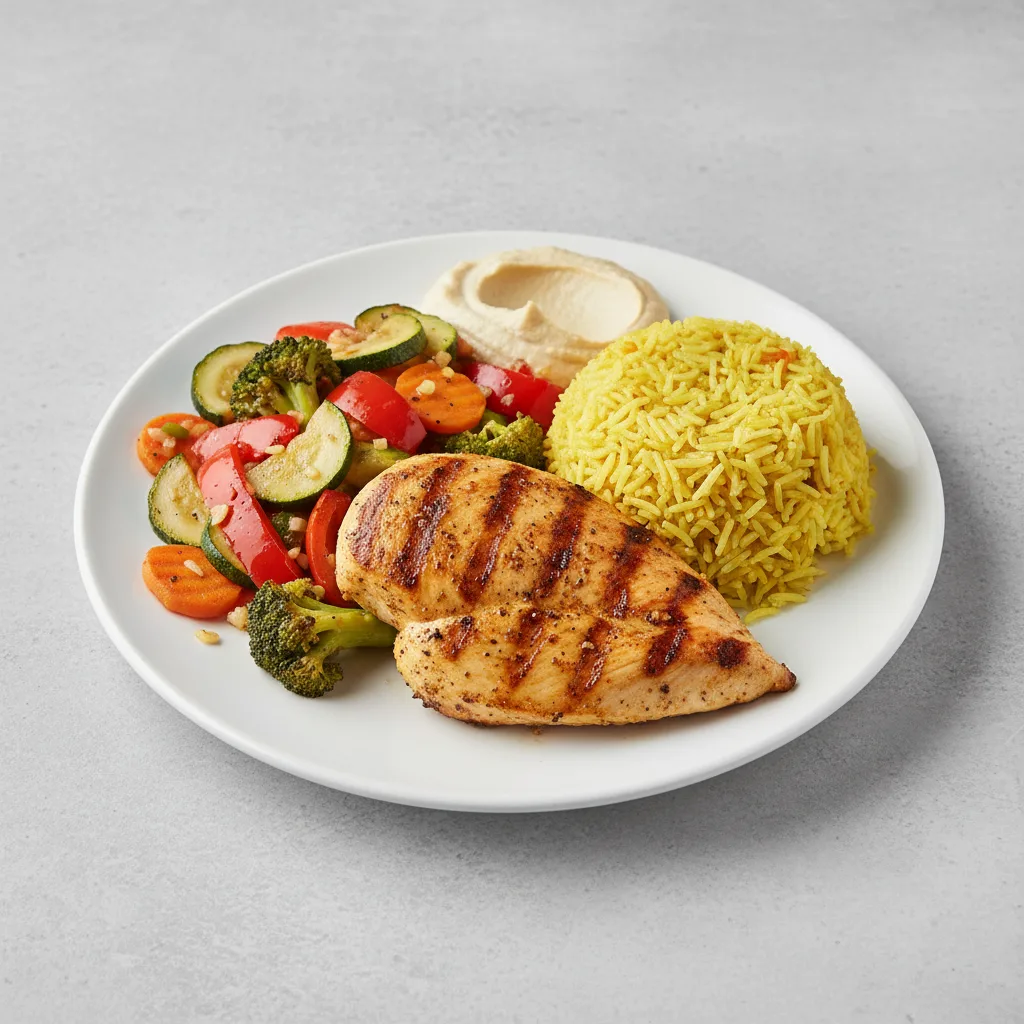 Grilled Chicken Breast with Rice and Sauteed Veggies (Hummus) Grilled Chicken Breast with Rice and Sauteed Veggies (Hummus)