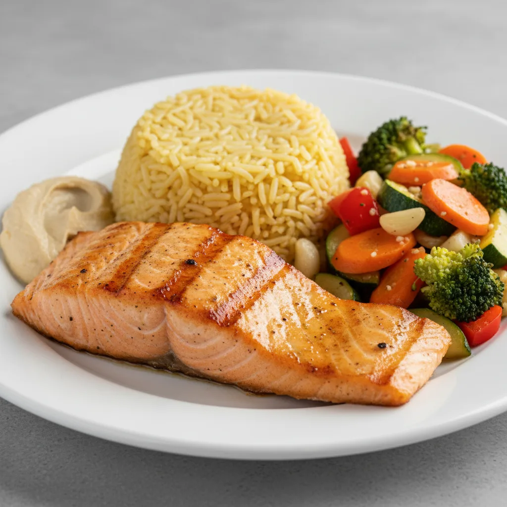 Grilled Salmon with Rice and Sauteed Veggies (Hummus) Grilled Salmon with Rice and Sauteed Veggies (Hummus)