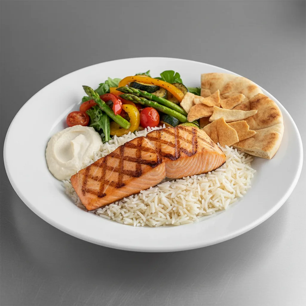 Grilled Salmon Full Rice Plate with Veggies Grilled Salmon Full Rice Plate with Veggies
