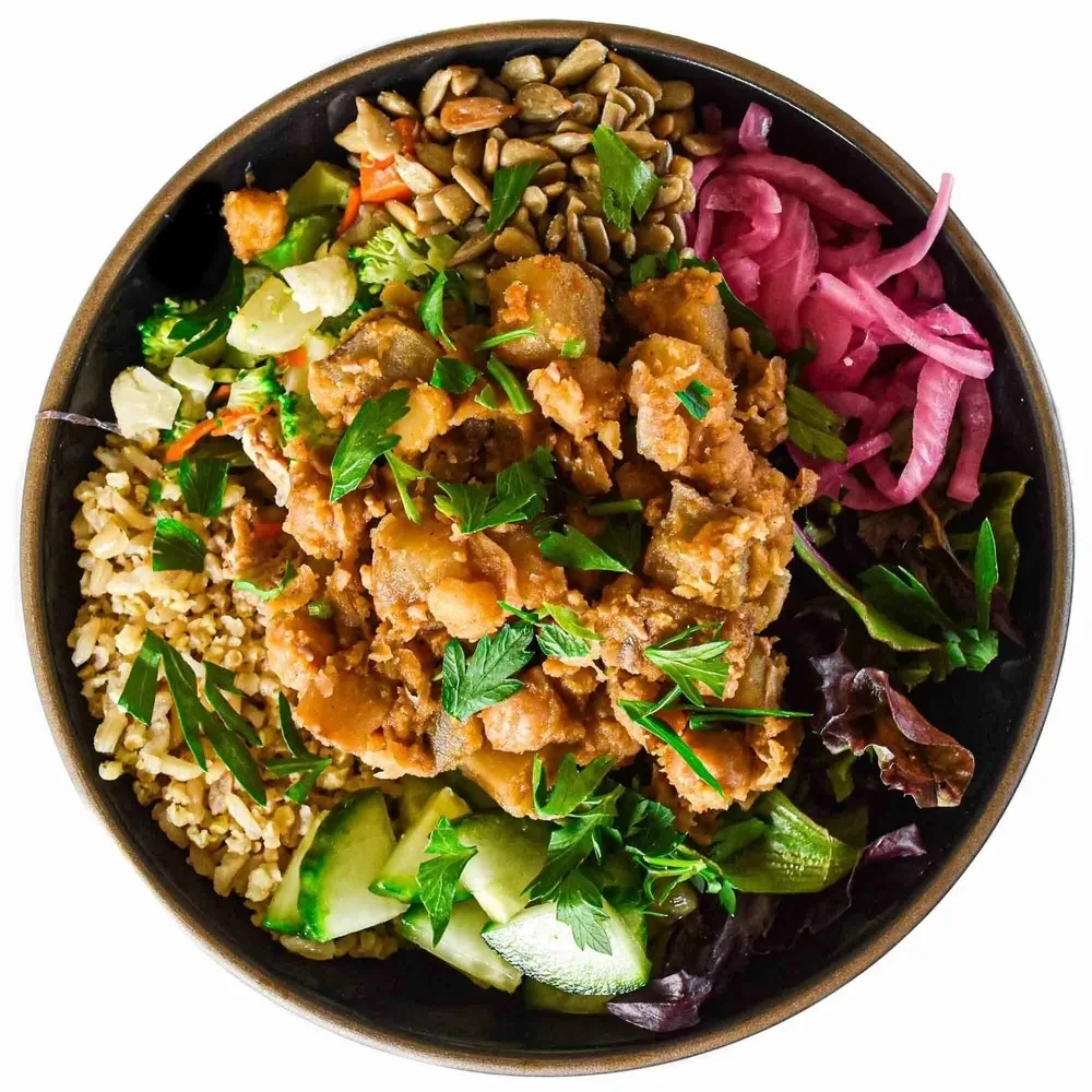 Chickpea Potato Mixed Bowl with Avocado and Walnuts and Lemon Thyme Sauce