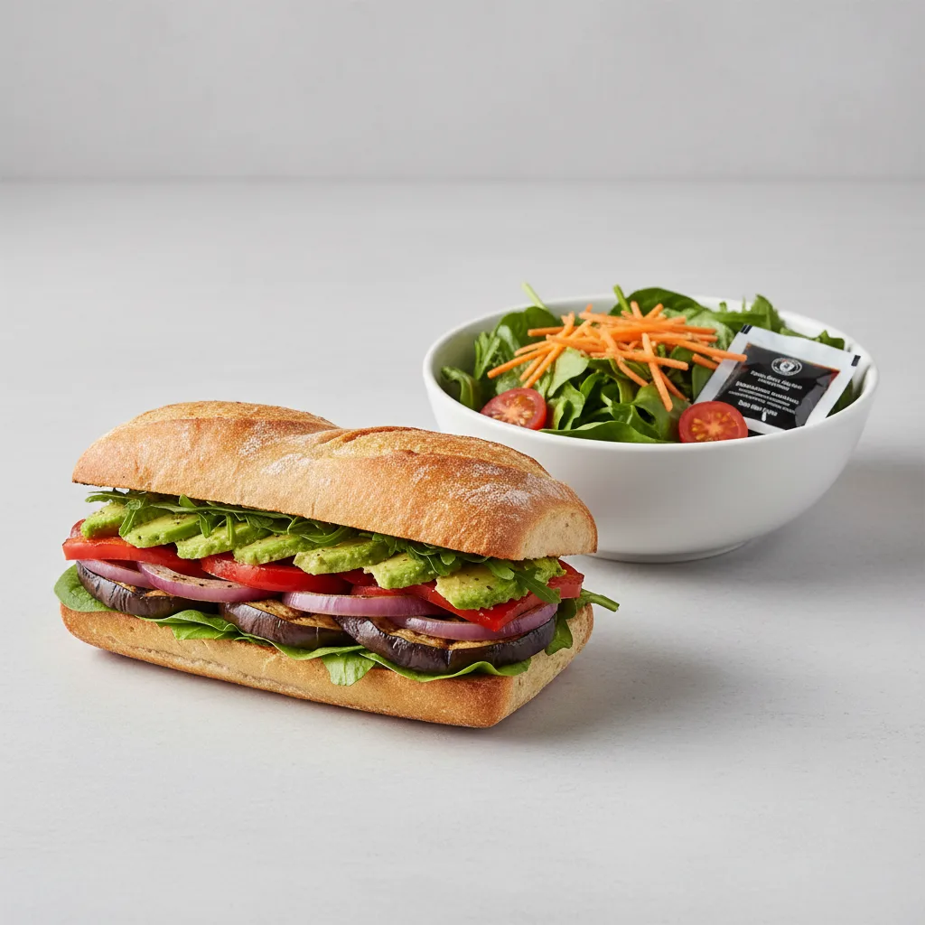 Vegan Roasted Vegetable Sandwich and Garden Salad
