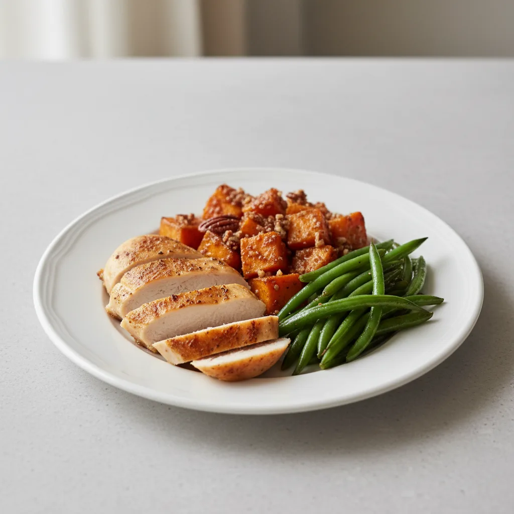 Baked Chicken with Roasted Sweet Potatoes and Green Beans
