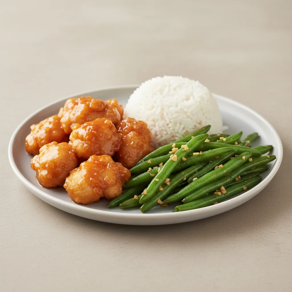 Orange Chicken Garlic Green Beans and White Rice Orange Chicken Garlic Green Beans and White Rice