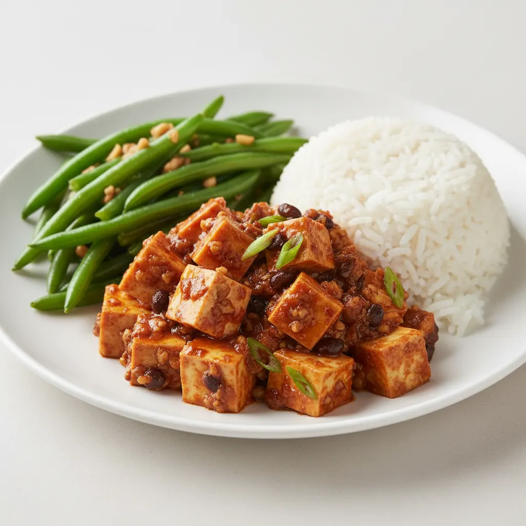Mapo Tofu (Vegan) Garlic Green Beans and White Rice Mapo Tofu (Vegan) Garlic Green Beans and White Rice