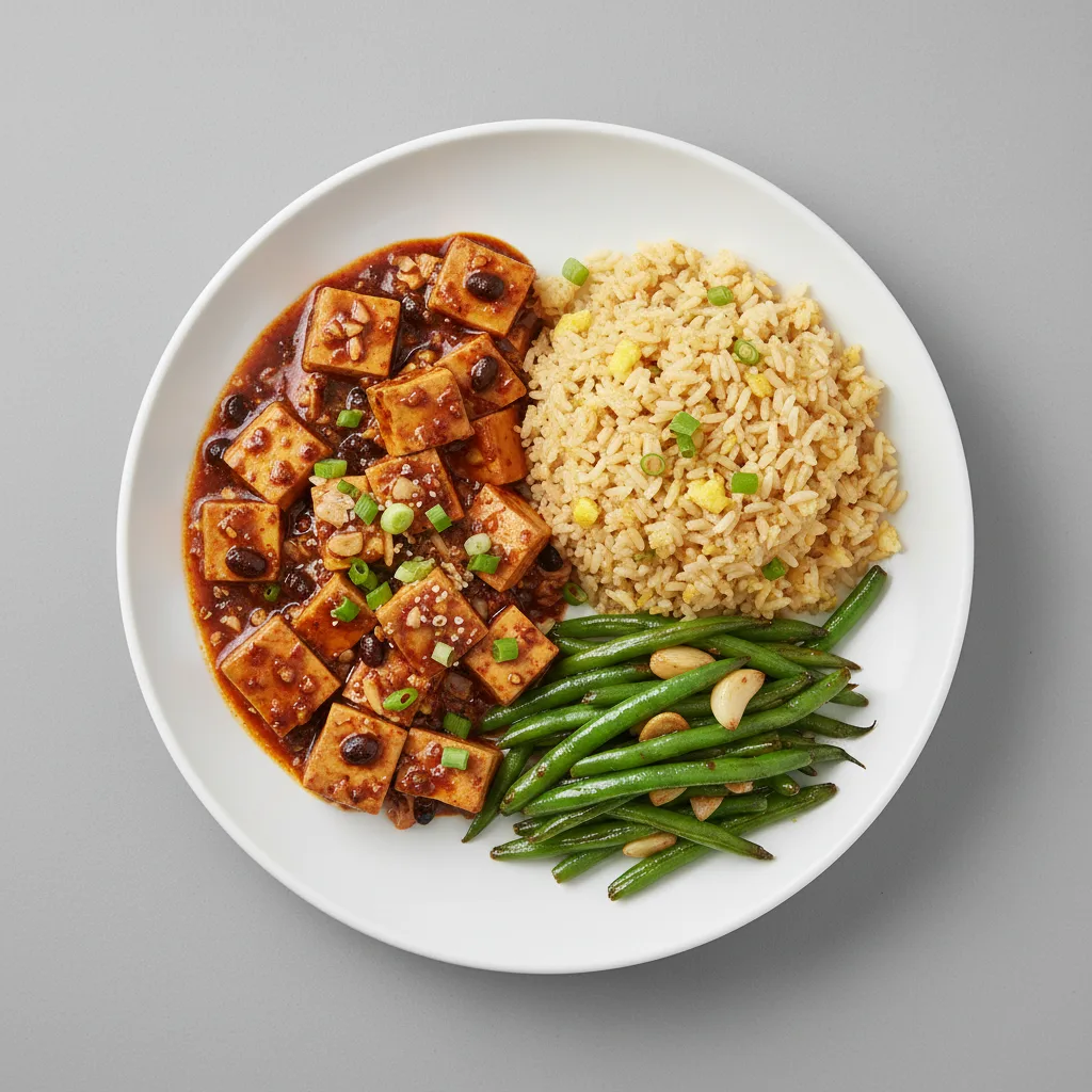 Mapo Tofu (No Meat) Garlic Green Beans and Fried Rice Mapo Tofu (No Meat) Garlic Green Beans and Fried Rice