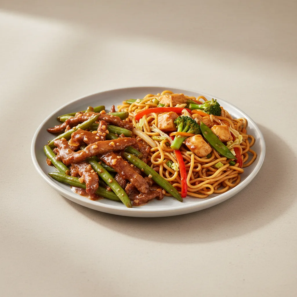 Mongolian Beef Garlic Green Beans and Veggie Chow Mein Mongolian Beef Garlic Green Beans and Veggie Chow Mein