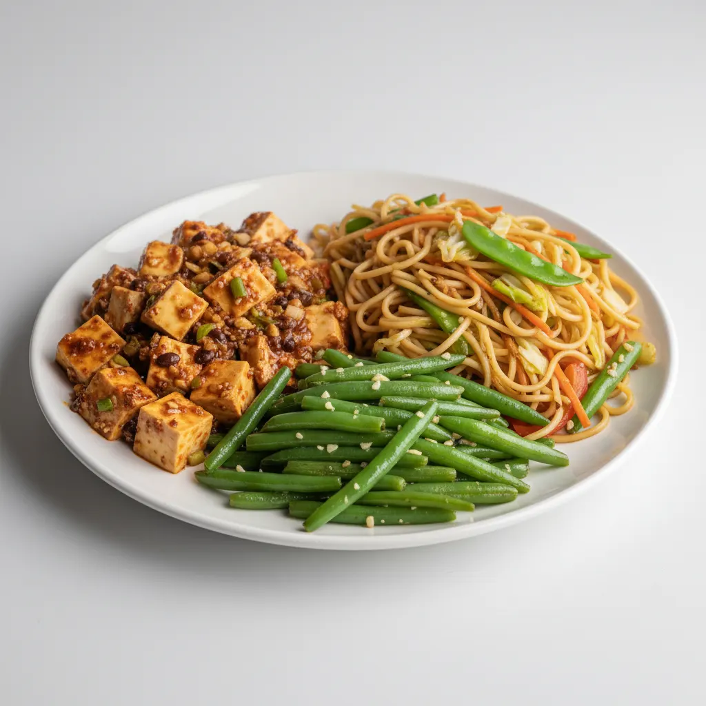 Mapo Tofu (No Meat) Garlic Green Beans and Veggie Chow Mein Mapo Tofu (No Meat) Garlic Green Beans and Veggie Chow Mein