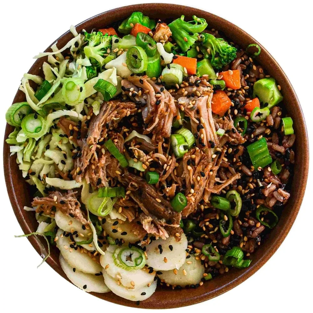Pork Shoulder Rice and Cabbage Bowl with Garlic Sesame Soy Sauce