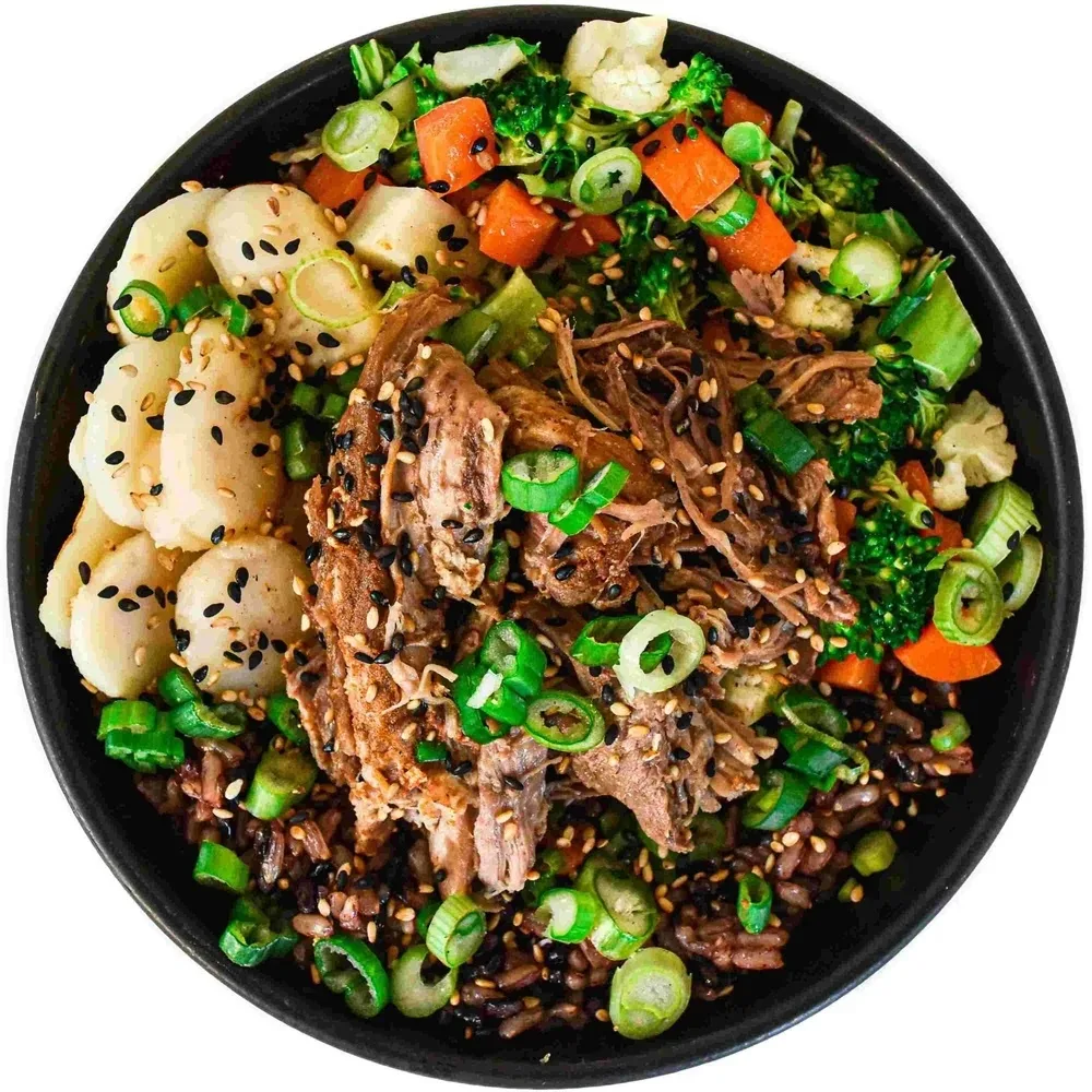 Pork Shoulder Rice Bowl with Spicy Orange Sesame Sauce