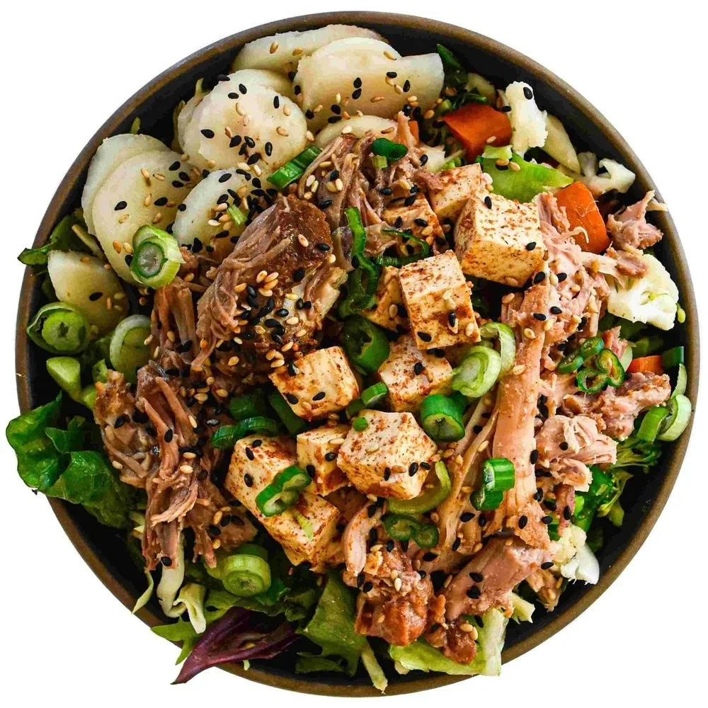 Light Carb Protein Lover Greens Bowl with Spicy Orange Sesame Sauce