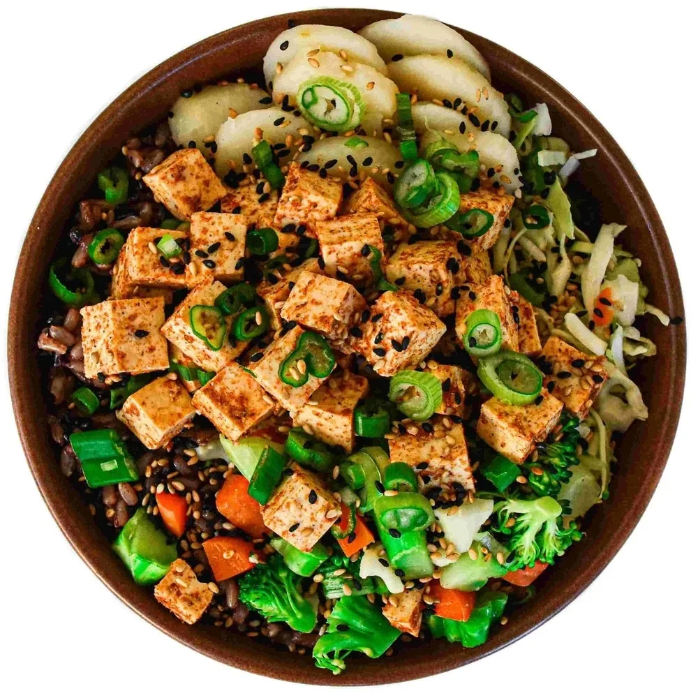 Tofu Rice and Cabbage Bowl with Spicy Orange Sesame Sauce