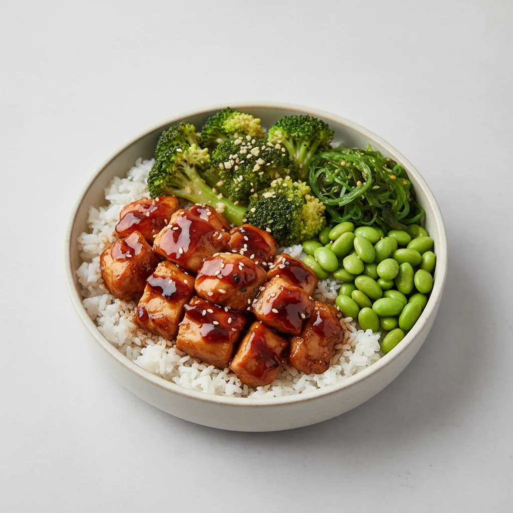 Gluten-Free Teriyaki Chicken, Gluten-Free Garlic Broccoli, Edamame and White Rice Gluten-Free Teriyaki Chicken, Gluten-Free Garlic Broccoli, Edamame and White Rice