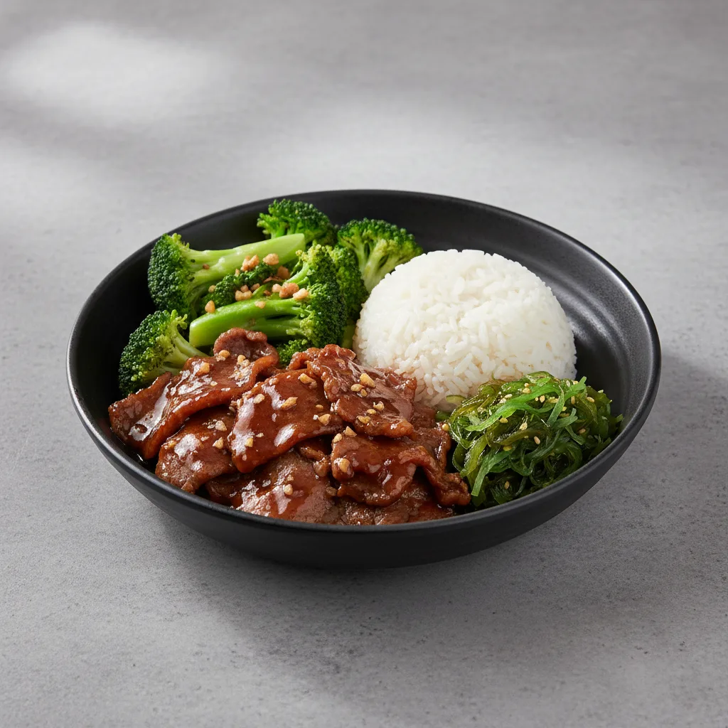 Teriyaki Beef, Garlic Broccoli, Wakame and White Rice Teriyaki Beef, Garlic Broccoli, Wakame and White Rice