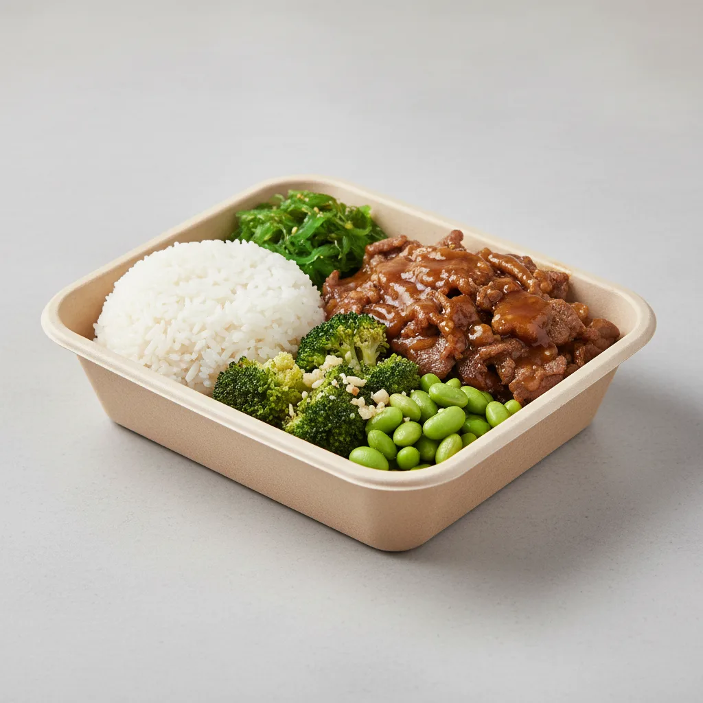 Gluten-Free Teriyaki Beef, Gluten-Free Garlic Broccoli, Edamame and White Rice Gluten-Free Teriyaki Beef, Gluten-Free Garlic Broccoli, Edamame and White Rice
