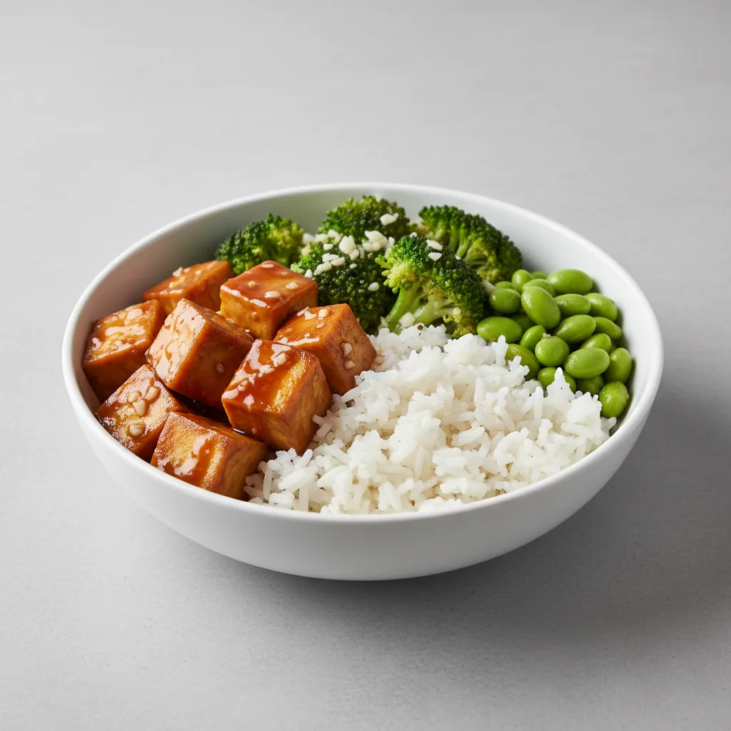 Teriyaki Tofu, Garlic Broccoli, Edamame and White Rice Teriyaki Tofu, Garlic Broccoli, Edamame and White Rice
