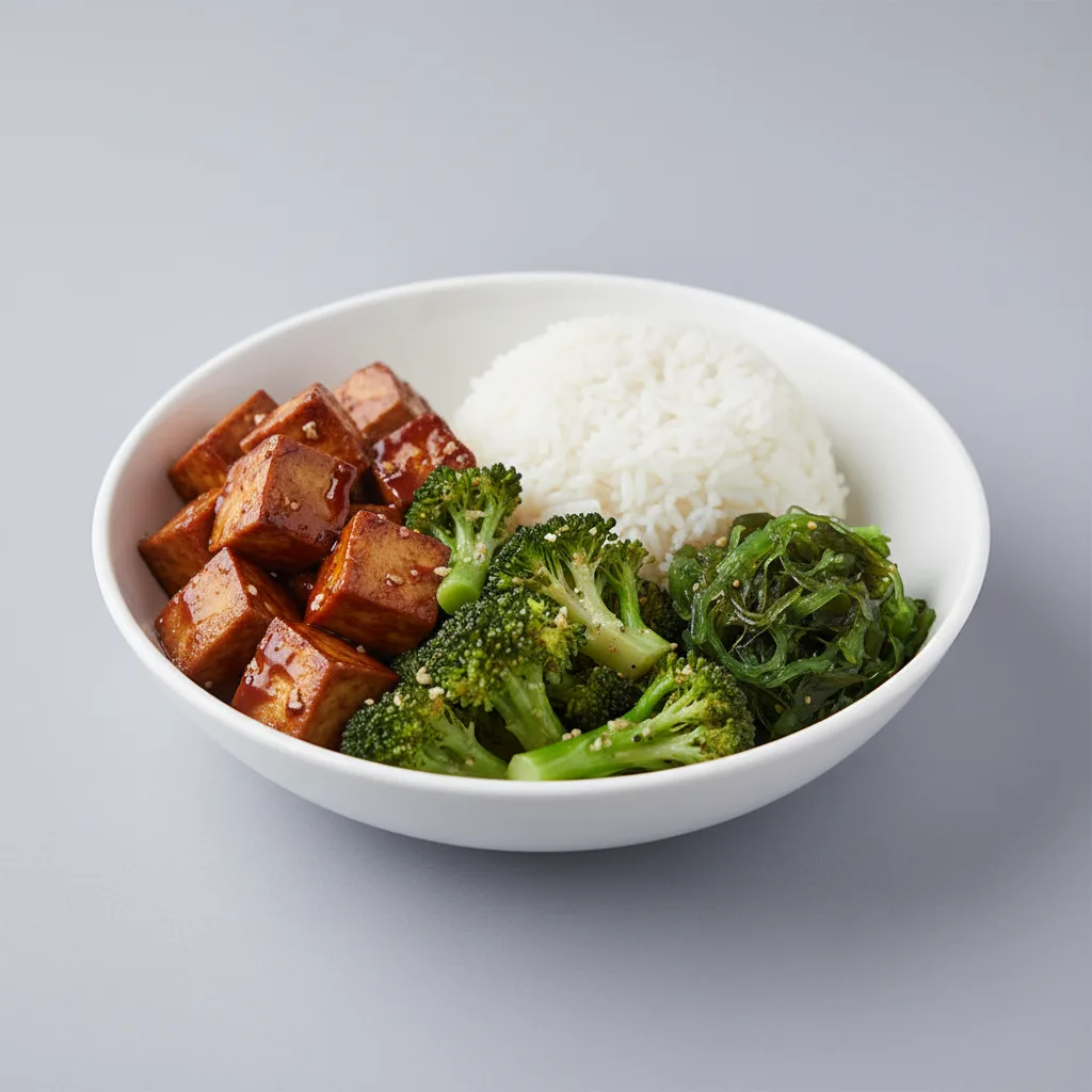 Teriyaki Tofu, Garlic Broccoli, Wakame and White Rice Teriyaki Tofu, Garlic Broccoli, Wakame and White Rice