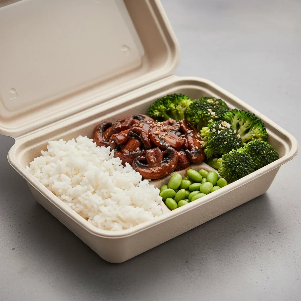 Teriyaki Mushrooms, Garlic Broccoli, Edamame and White Rice Teriyaki Mushrooms, Garlic Broccoli, Edamame and White Rice