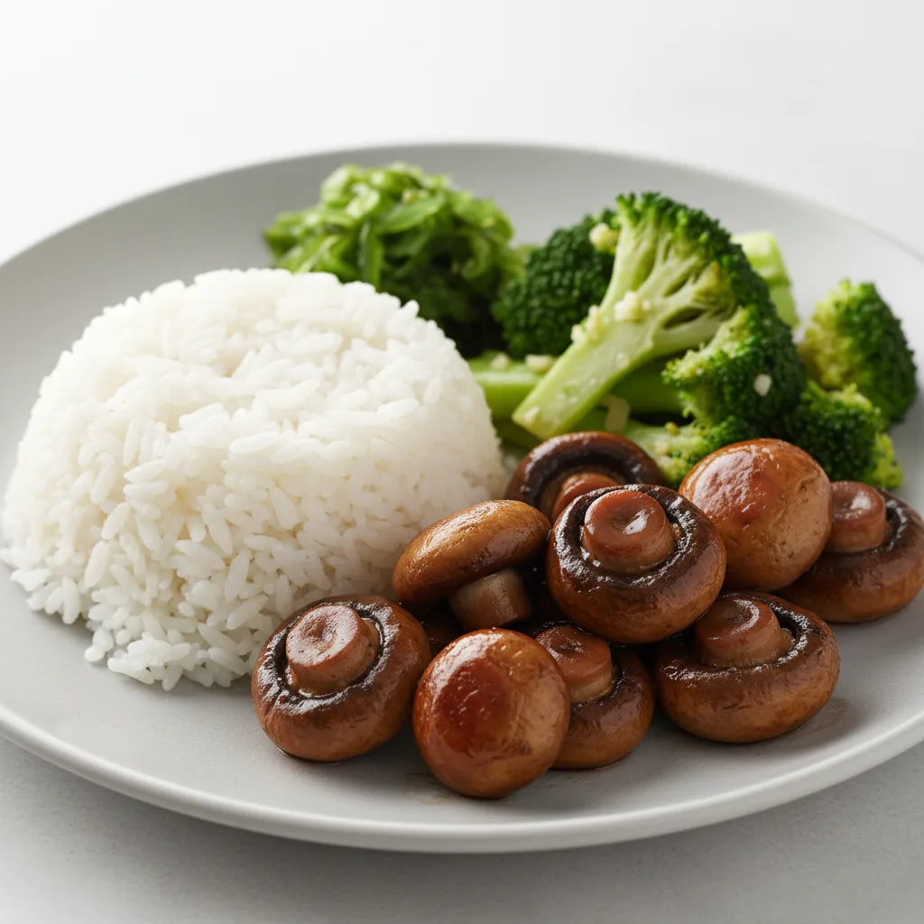 Teriyaki Mushrooms, Garlic Broccoli, Wakame and White Rice Teriyaki Mushrooms, Garlic Broccoli, Wakame and White Rice