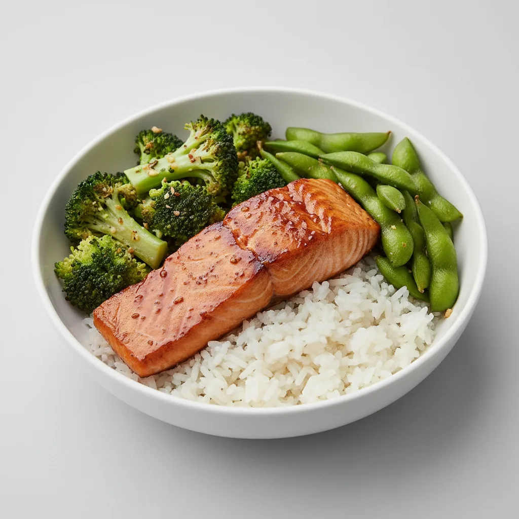 Teriyaki Salmon, Garlic Broccoli, Edamame and White Rice Teriyaki Salmon, Garlic Broccoli, Edamame and White Rice