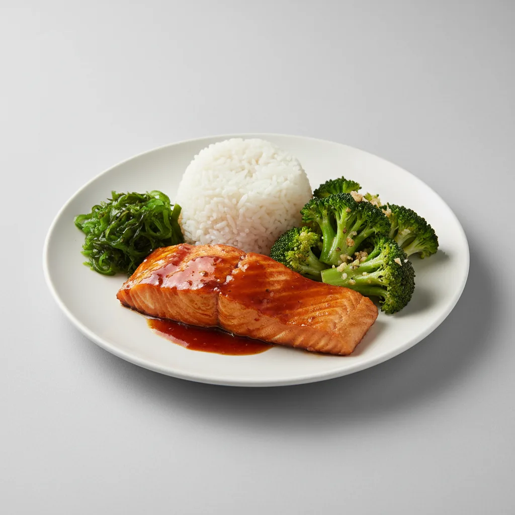 Teriyaki Salmon, Garlic Broccoli, Wakame and White Rice Teriyaki Salmon, Garlic Broccoli, Wakame and White Rice