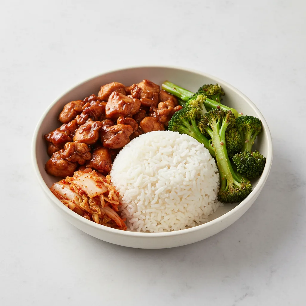 Bulgogi Chicken, Garlic Broccoli, Kimchi and White Rice Bulgogi Chicken, Garlic Broccoli, Kimchi and White Rice