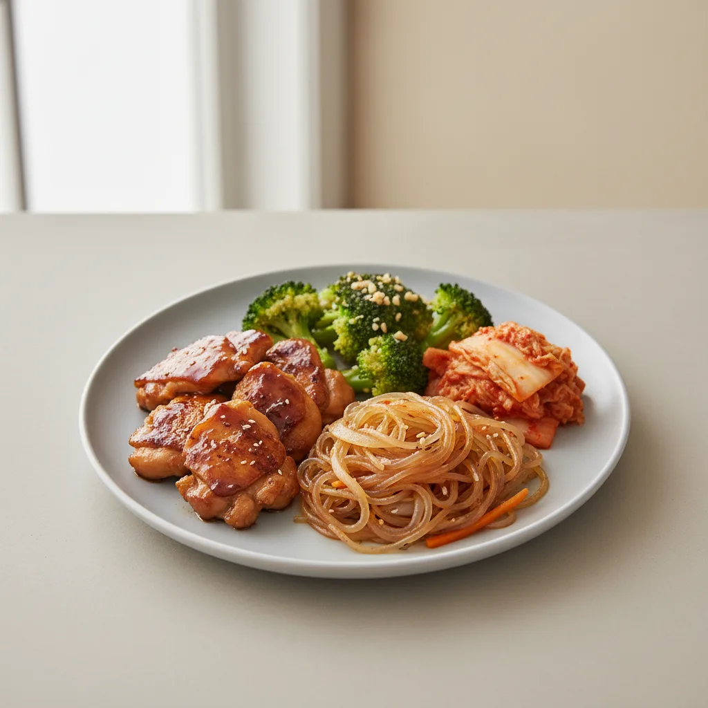 Bulgogi Chicken, Garlic Broccoli, Kimchi and Japchae Bulgogi Chicken, Garlic Broccoli, Kimchi and Japchae