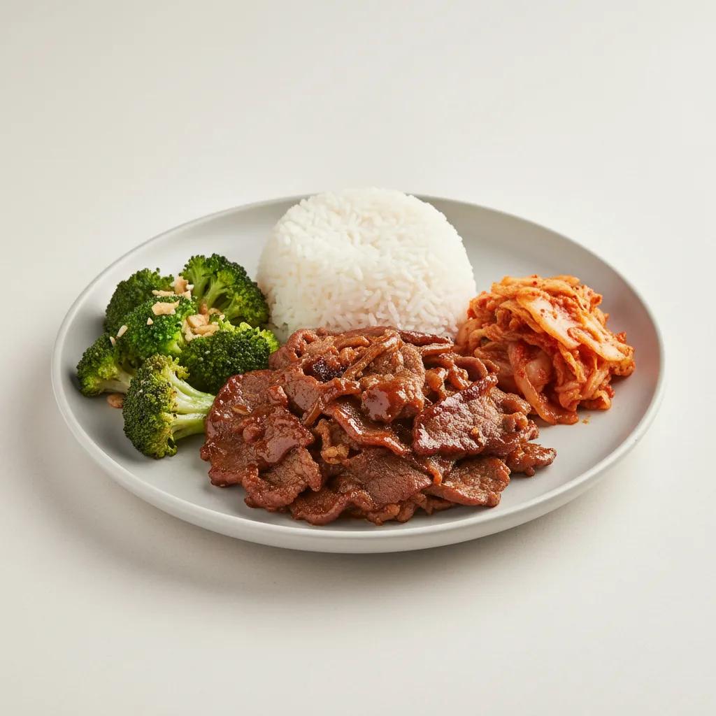 Bulgogi Beef, Garlic Broccoli, Kimchi and White Rice Bulgogi Beef, Garlic Broccoli, Kimchi and White Rice