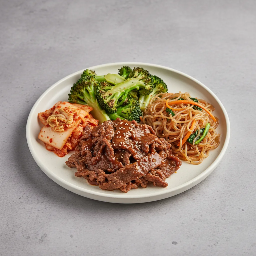 Bulgogi Beef, Garlic Broccoli, Kimchi and Japchae Bulgogi Beef, Garlic Broccoli, Kimchi and Japchae