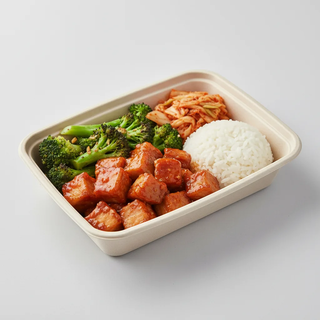 Gluten-Free Spicy Pork, Gluten-Free Garlic Broccoli, Kimchi and White Rice Gluten-Free Spicy Pork, Gluten-Free Garlic Broccoli, Kimchi and White Rice
