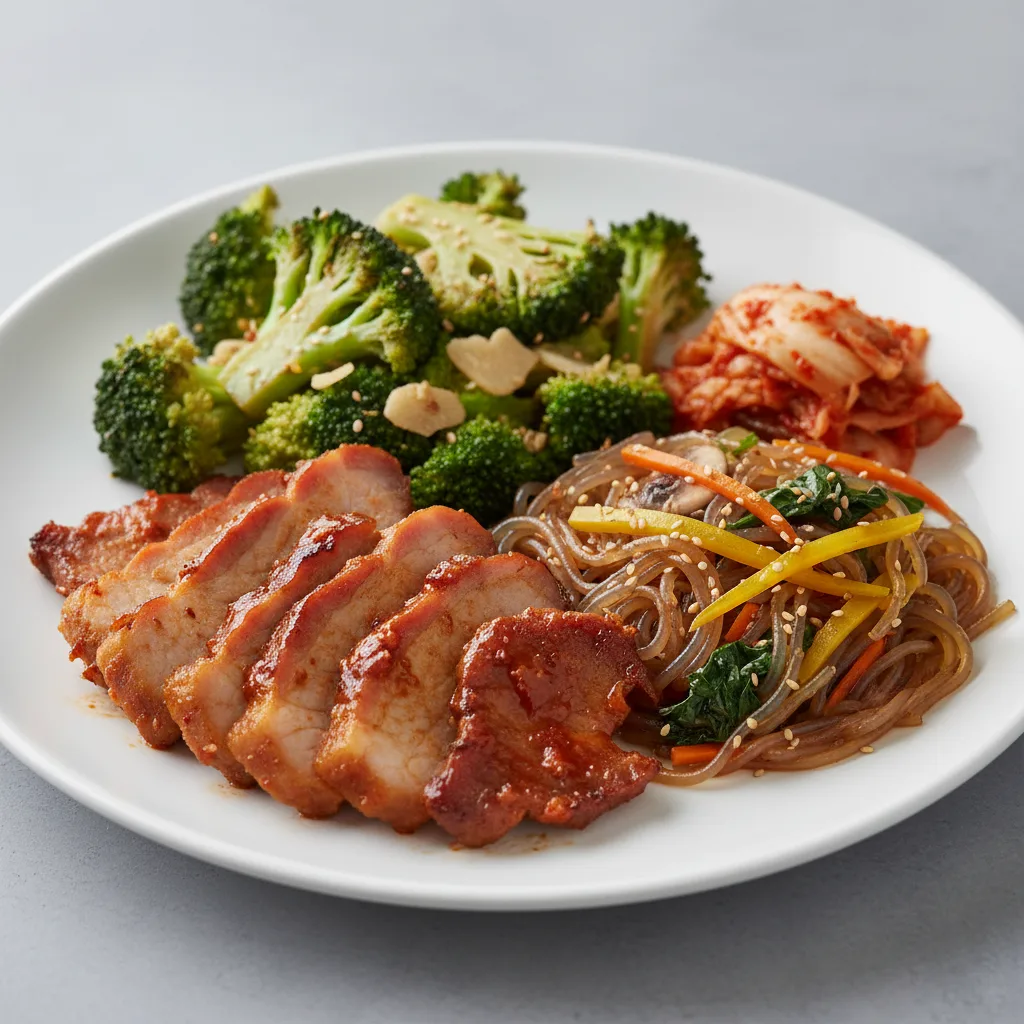 Gluten-Free Spicy Pork, Gluten-Free Garlic Broccoli, Kimchi and Japchae Gluten-Free Spicy Pork, Gluten-Free Garlic Broccoli, Kimchi and Japchae