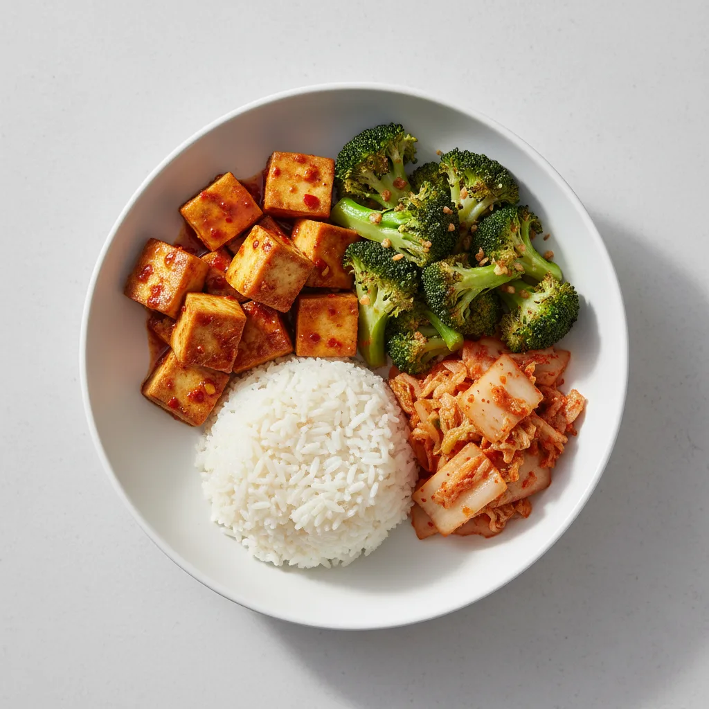 Gluten-Free Spicy Tofu, Gluten-Free Garlic Broccoli, Vegan Kimchi and White Rice Gluten-Free Spicy Tofu, Gluten-Free Garlic Broccoli, Vegan Kimchi and White Rice