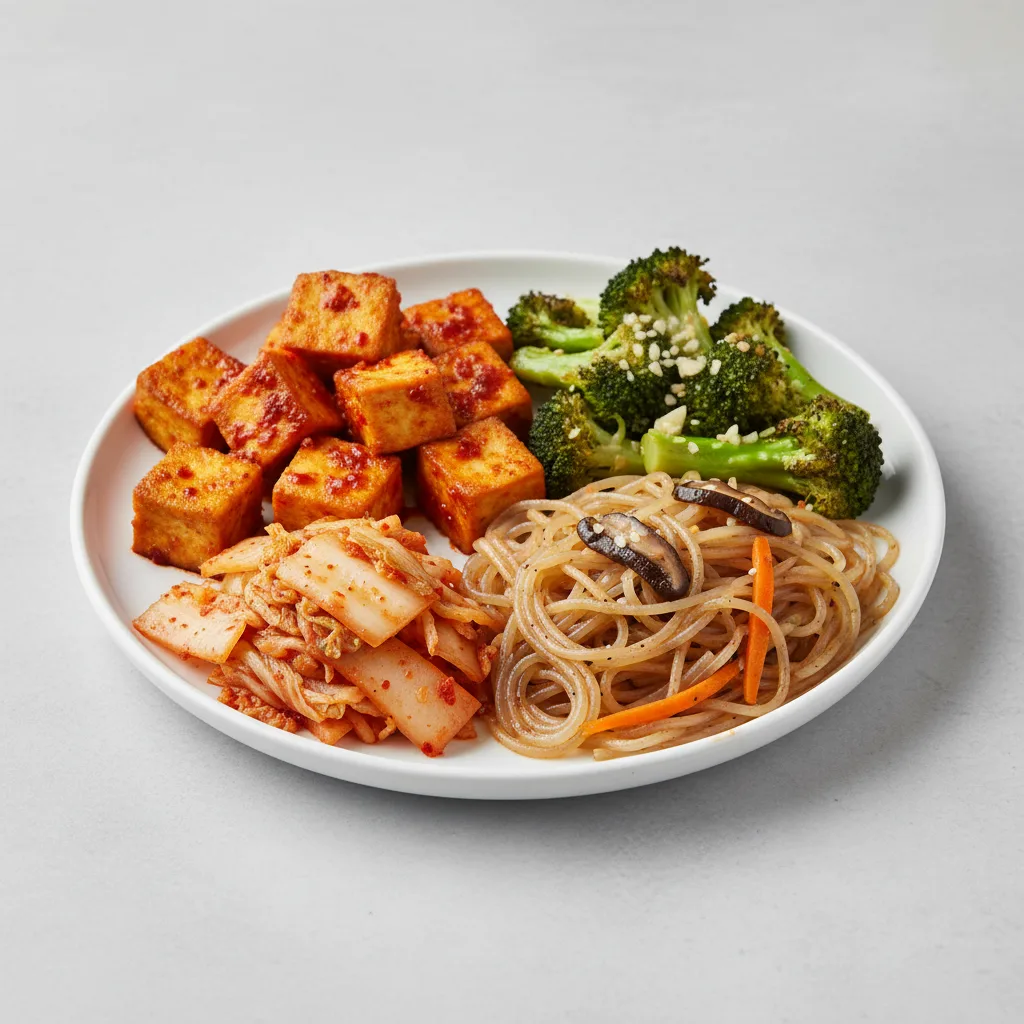 Gluten-Free Spicy Tofu, Gluten-Free Garlic Broccoli, Vegan Kimchi and Japchae Gluten-Free Spicy Tofu, Gluten-Free Garlic Broccoli, Vegan Kimchi and Japchae