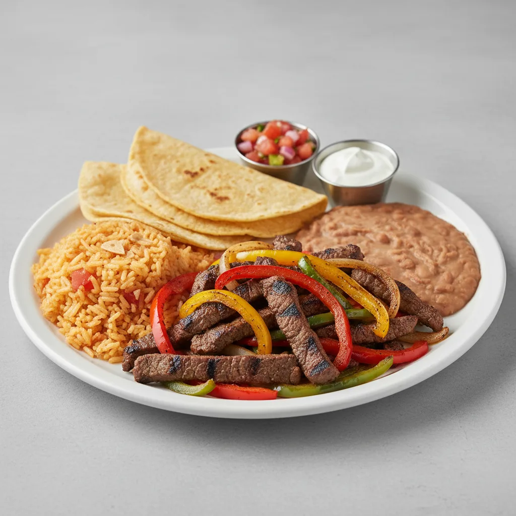 Beef Fajita with Rice, Beans and Corn Tortilla