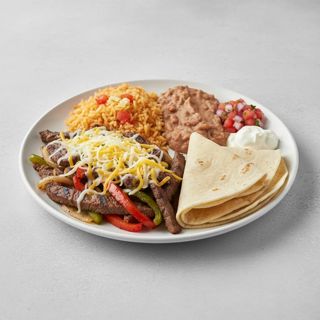 Beef Cheese Fajita with Rice, Beans and Flour Tortilla