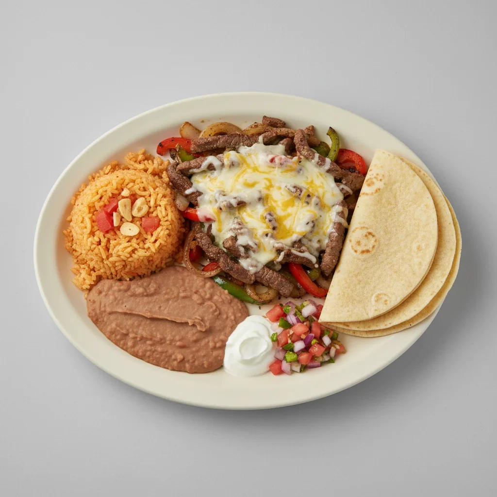 Beef Cheese Fajita with Rice, Beans and Corn Tortilla
