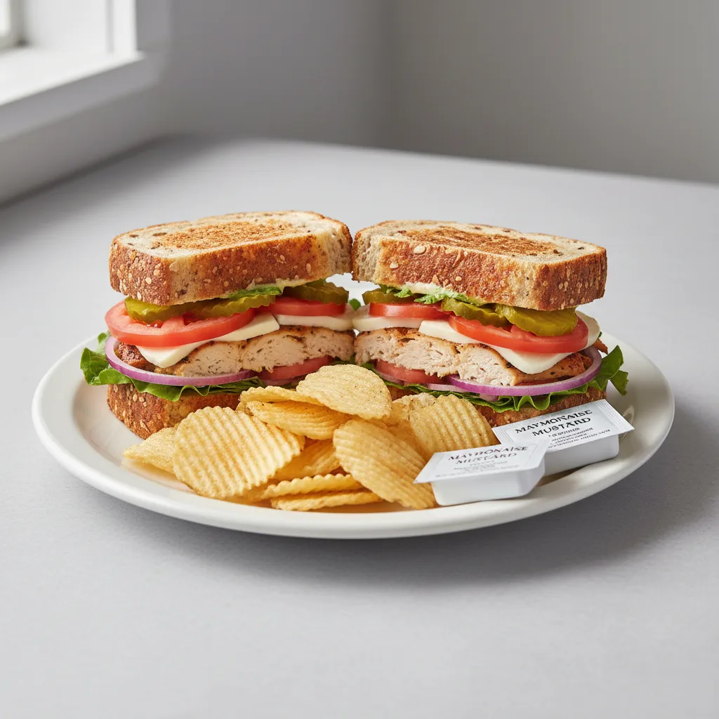 Roasted Chicken and Mozzarella Dutch Crunch Sandwich with Chips Roasted Chicken and Mozzarella Dutch Crunch Sandwich with Chips