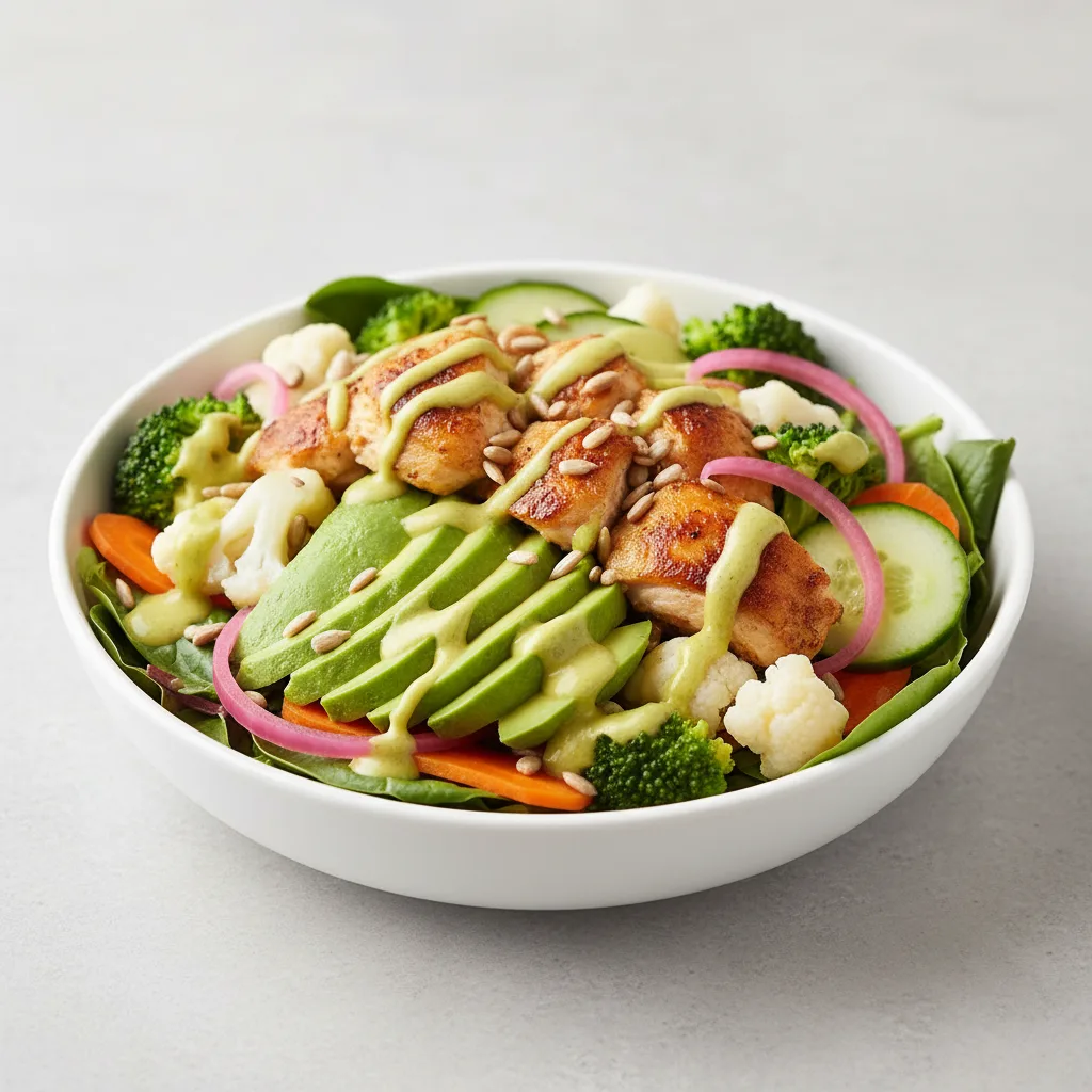 Light Carb Chicken Garden Bowl with Avocado with Lemon Thyme Sauce Light Carb Chicken Garden Bowl with Avocado with Lemon Thyme Sauce