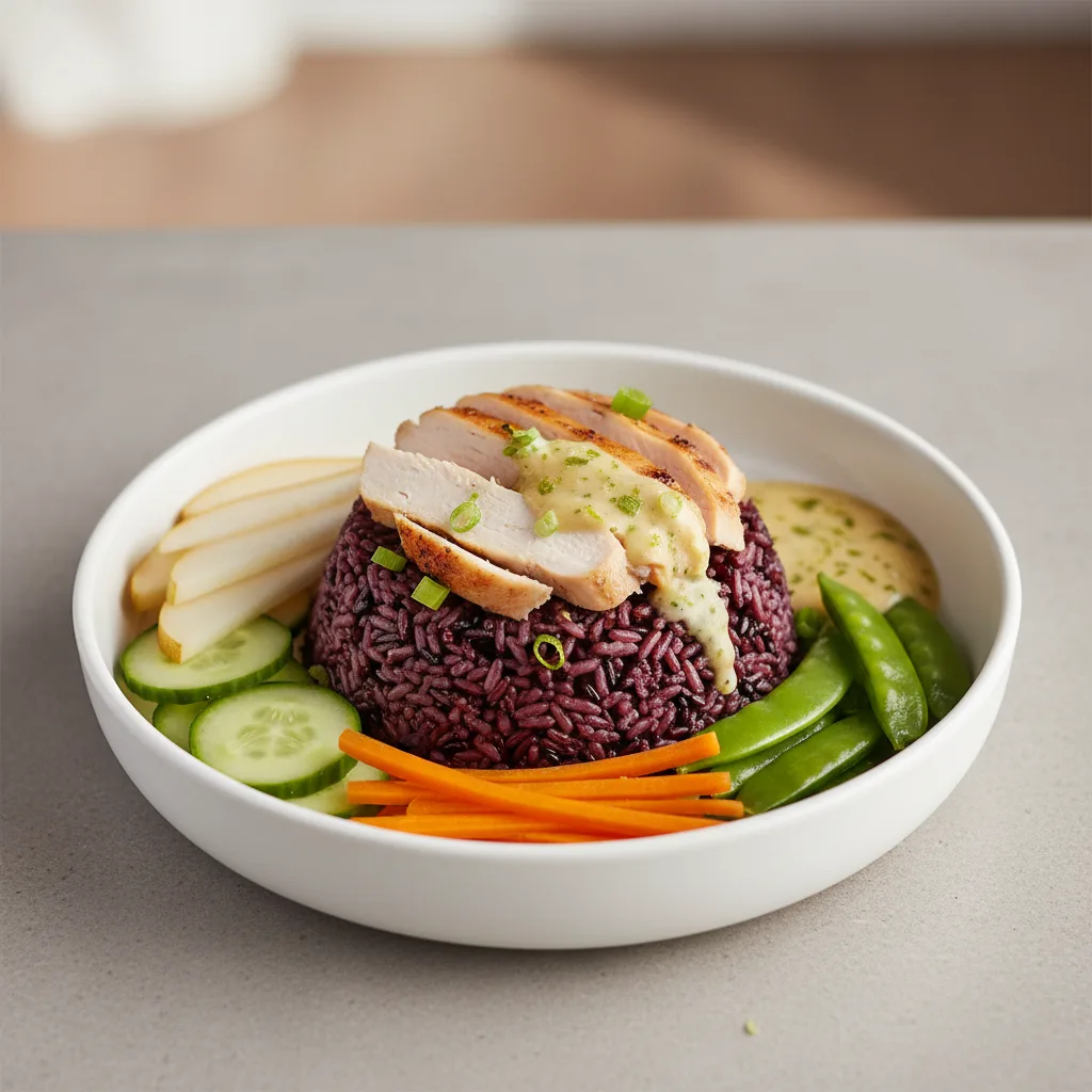 Nut-Free Chicken Purple Rice Bowl with Ginger Lime Sauce (No Cashews)